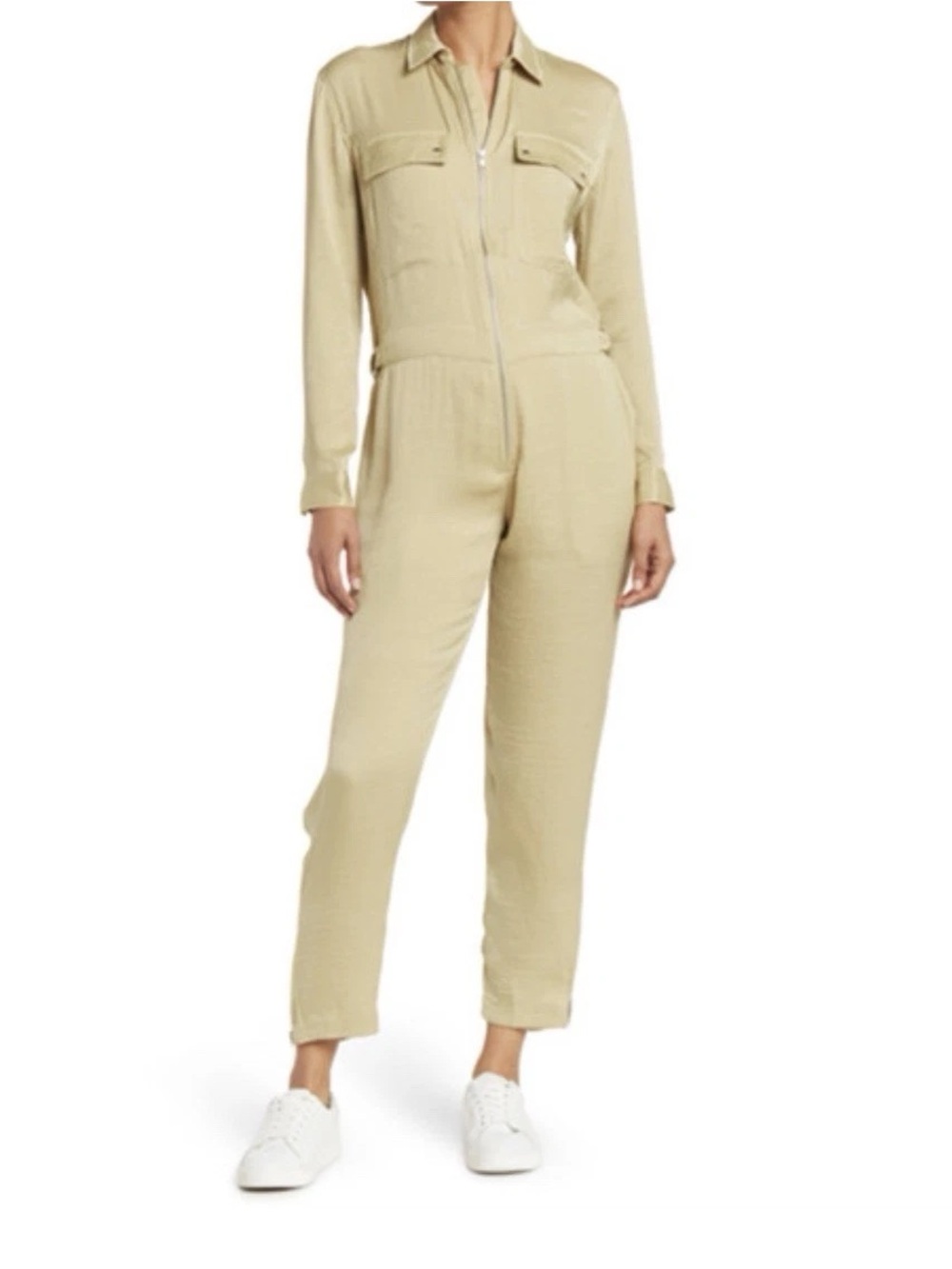ATM Anthony Thomas Melillo Satin Utility Jumpsuit Putty Zip Front Womens S R86